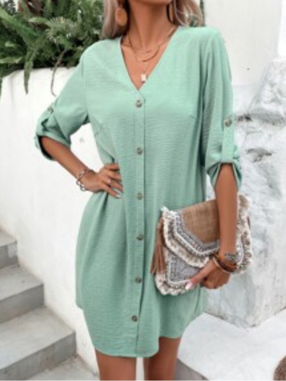 SHEIN Mint Green V-Neck Button Front Mini Dress